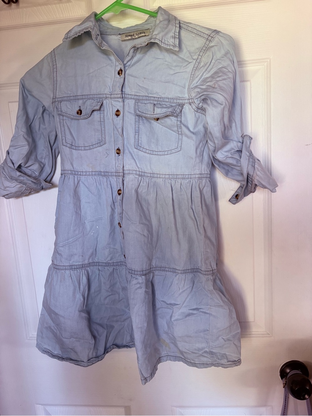 Girls' Light Blue Denim-Style Tiered Shirt Dress